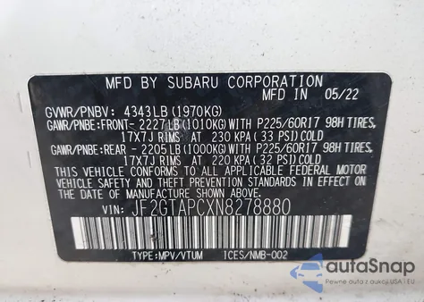 2022 Subaru Crosstrek Premium from USA, damaged, VIN JF2GTAPCXN8278880